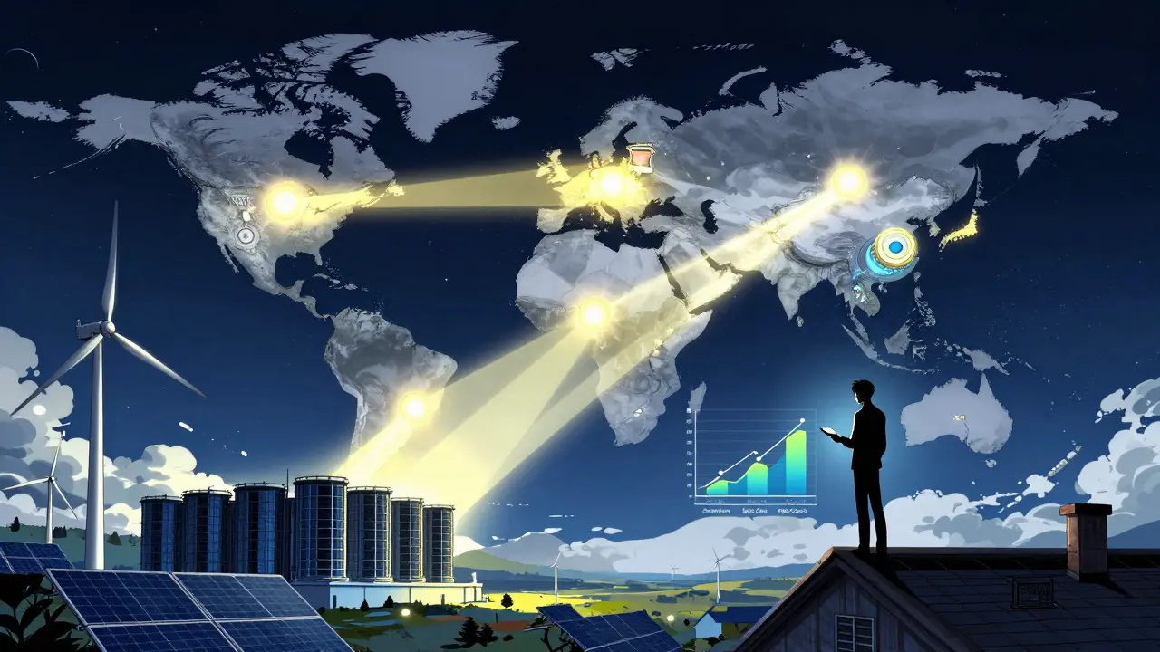 Manga illustration of global mining hubs connected by energy and data streams.