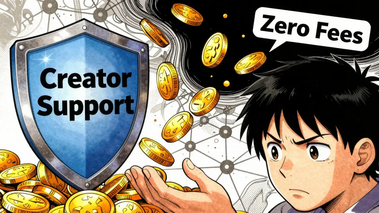 Manga illustration showing coins flowing to creators vs vanishing in zero-fee void.