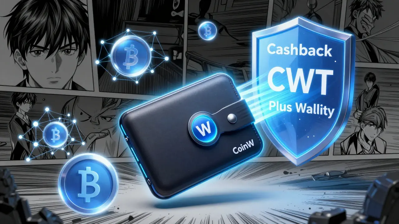 Manga illustration showing CWT cashback utility integrated into a digital wallet