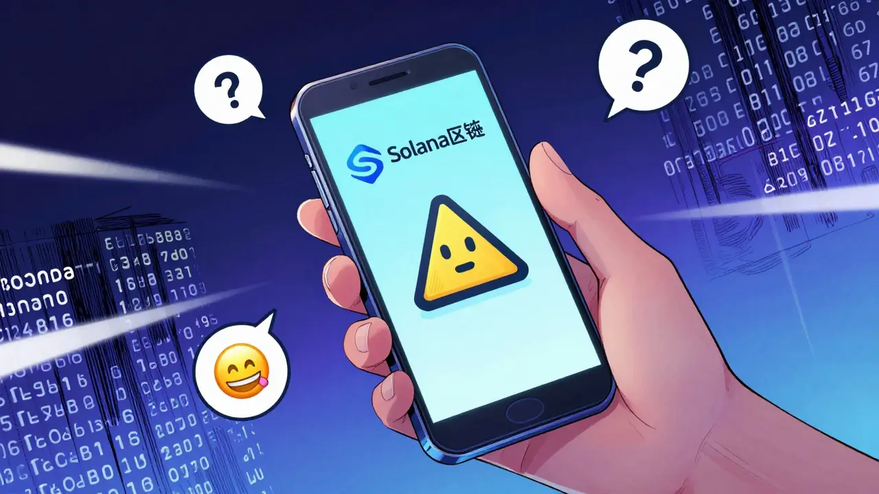 Manga style digital wallet on Solana blockchain with ironic warning symbols