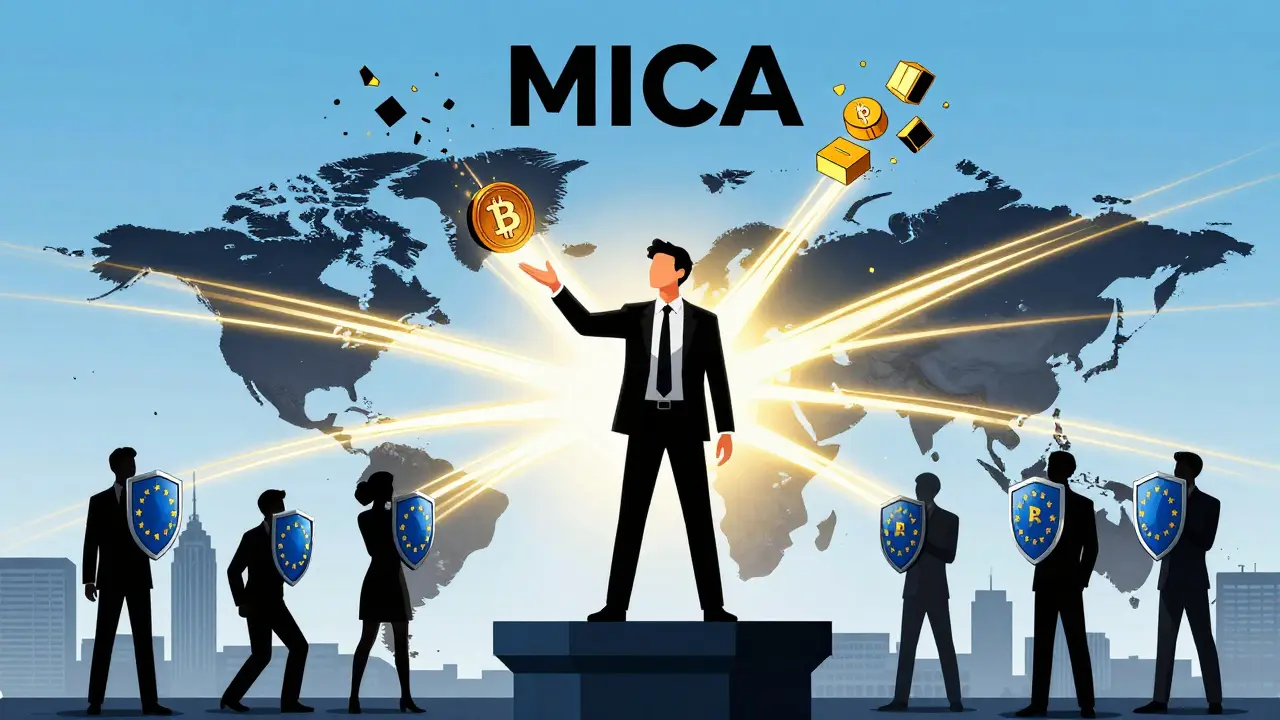 Manga style: Golden waves of regulation spread from Europe to the world, stabilizing global crypto markets.