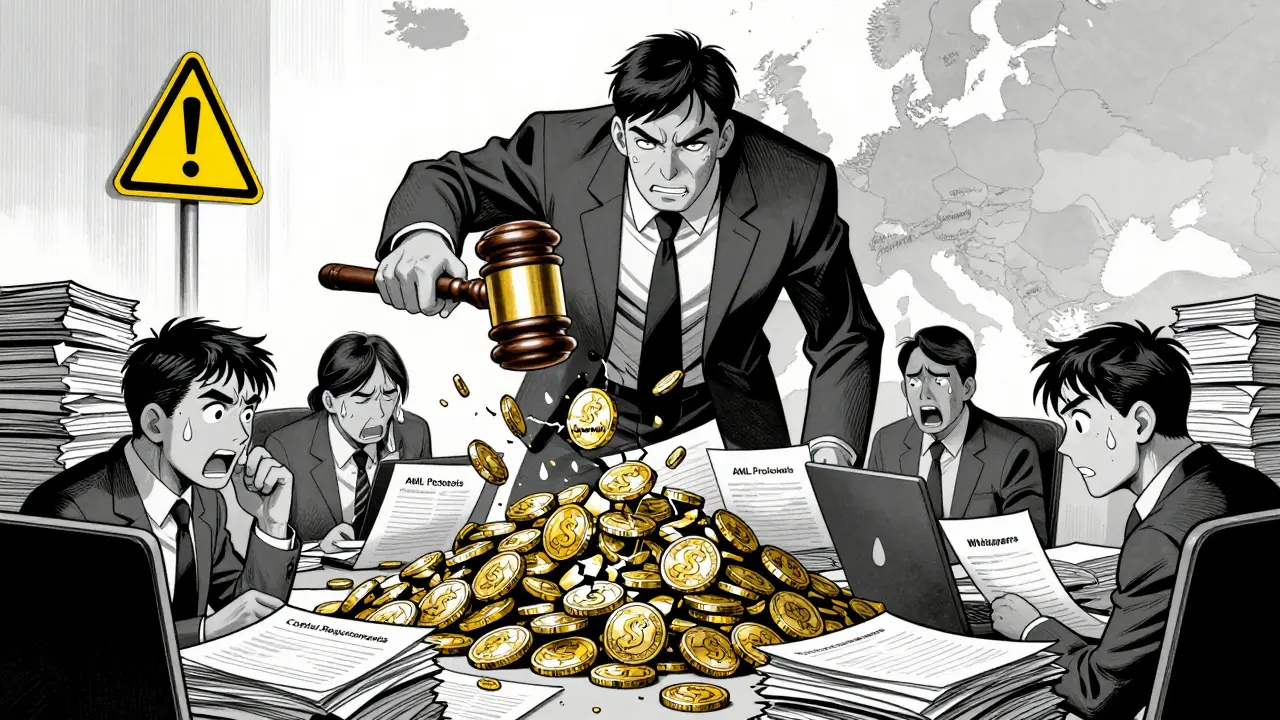 Manga style: Stressed officials face ESMA's gavel as non-compliant stablecoins crack under regulatory pressure.