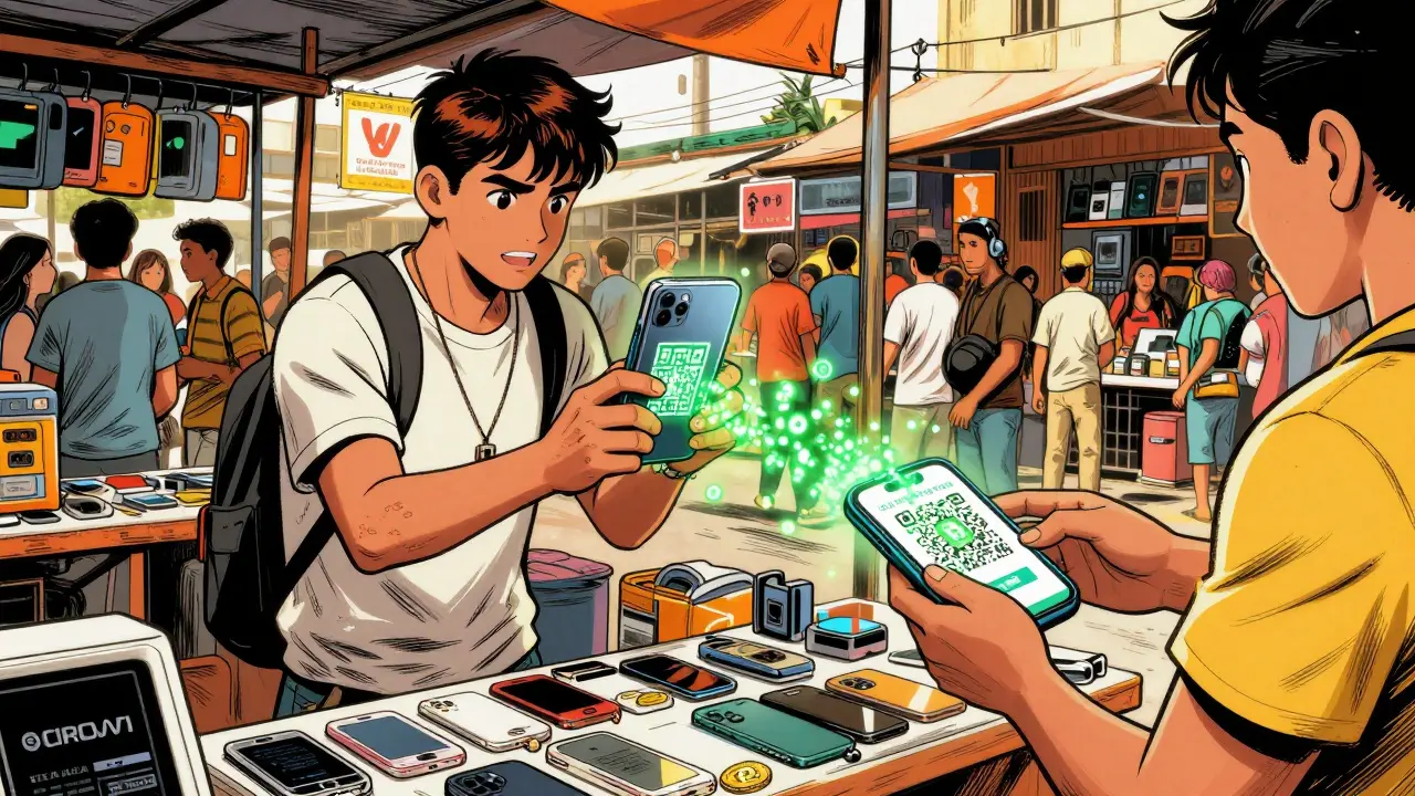 Merchant accepting instant crypto payment at busy market stall