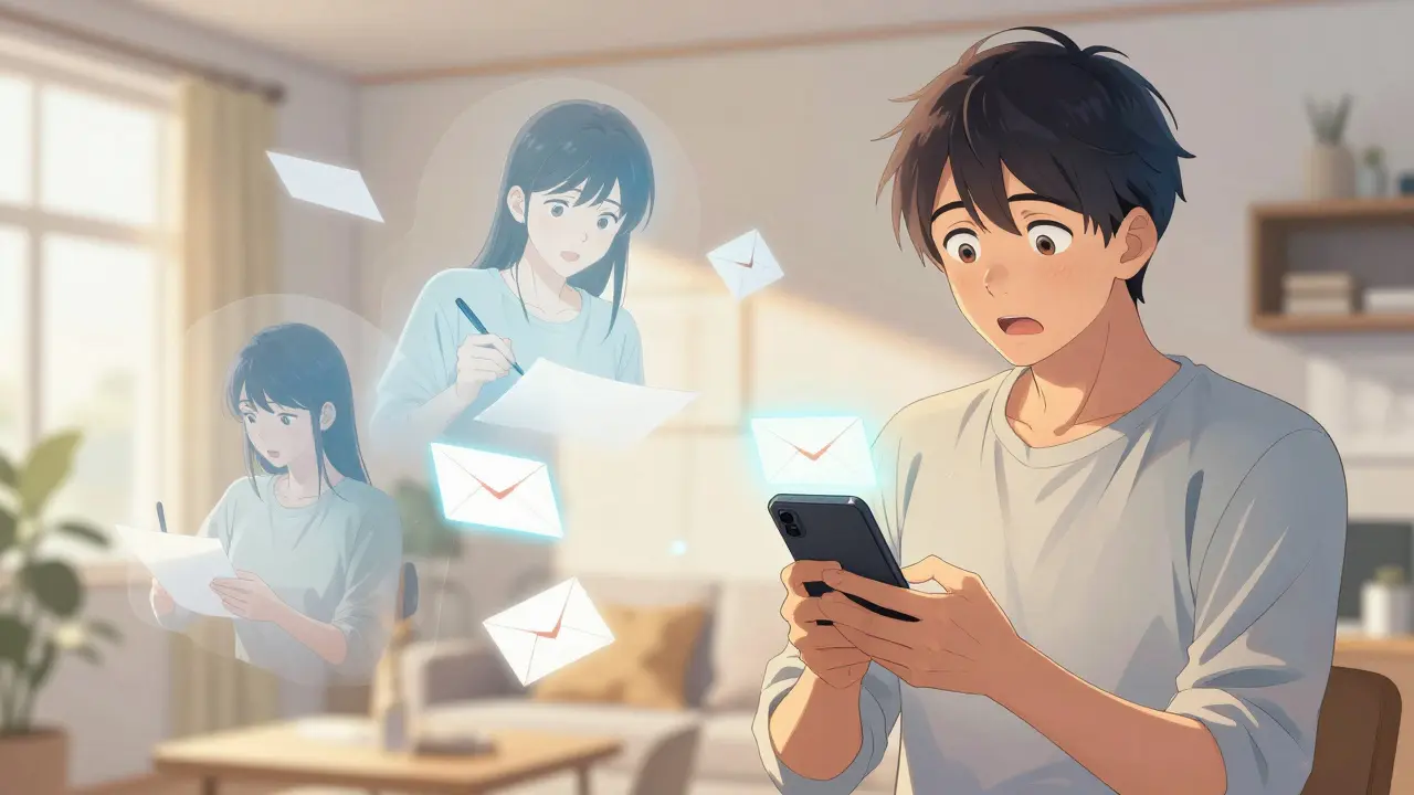 Older person reading a future-self letter with memories floating around.