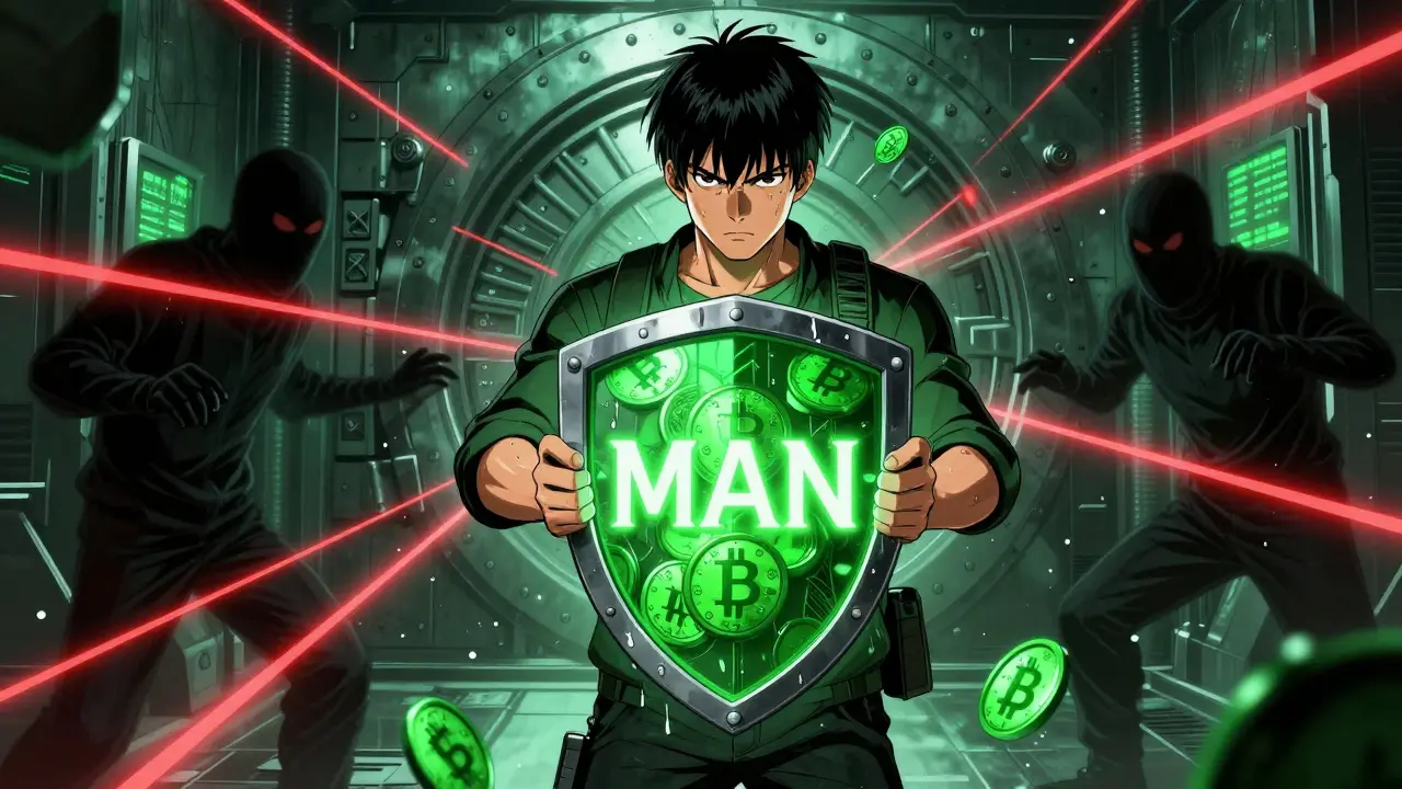 Protagonist defending crypto wallet from shadowy scammer figures