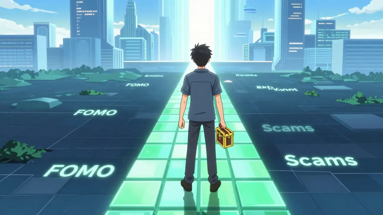 Protagonist walking on a safe blockchain bridge away from scams toward legitimate DeFi opportunities.
