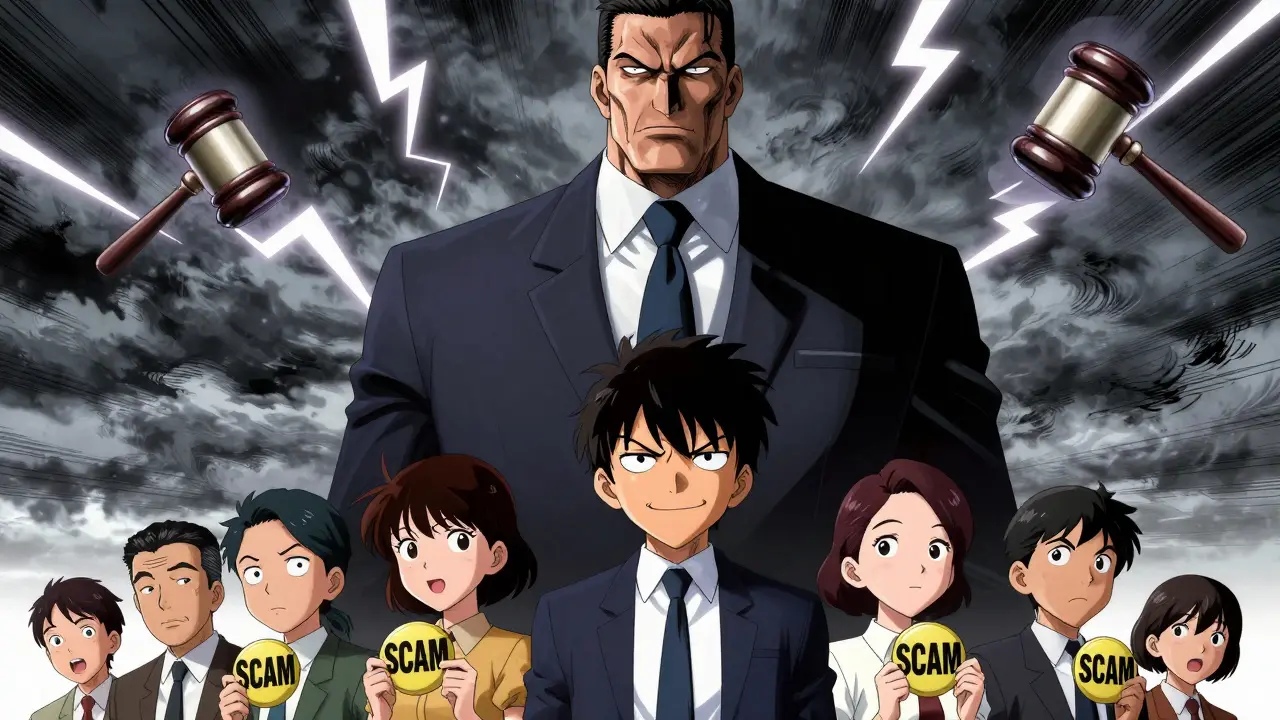 Regulator figure looming over amused crypto traders in dramatic manga art