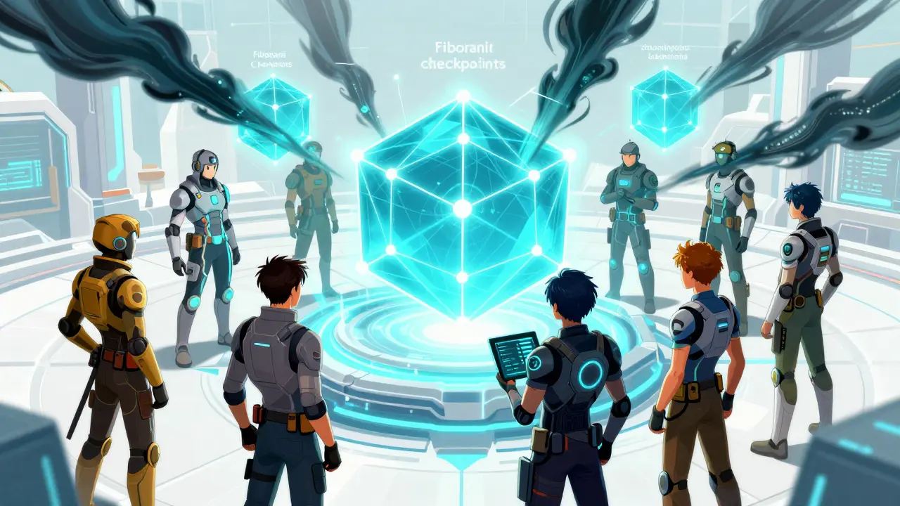 Tech-enhanced defenders using geometric barriers to protect a blockchain from dark energy waves.