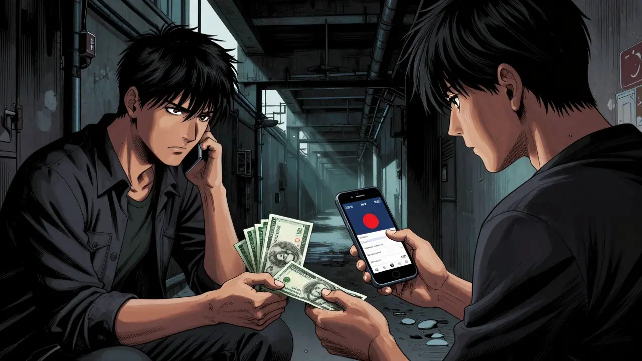 Two people exchanging cash for crypto in a secret meeting