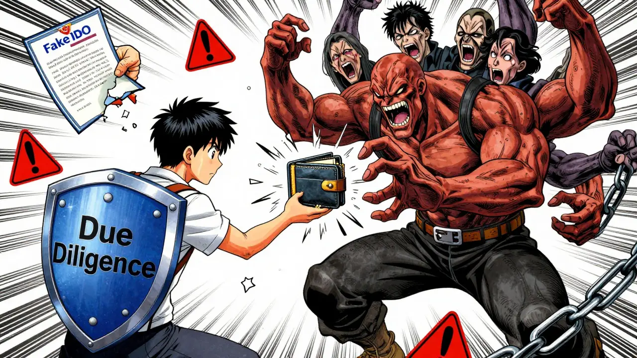 User defending against a multi-armed scam monster with a due diligence shield in manga style.