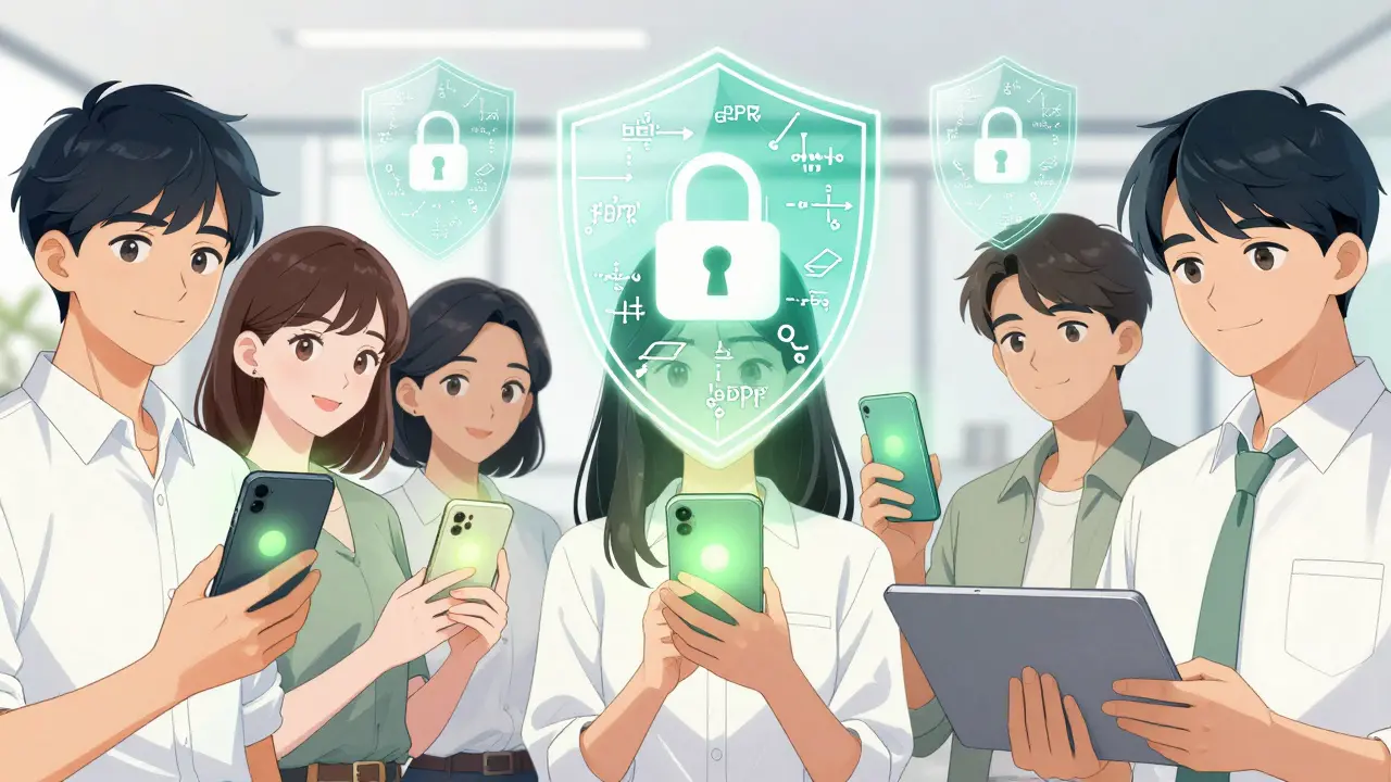 Users protected by digital shields representing selective transparency