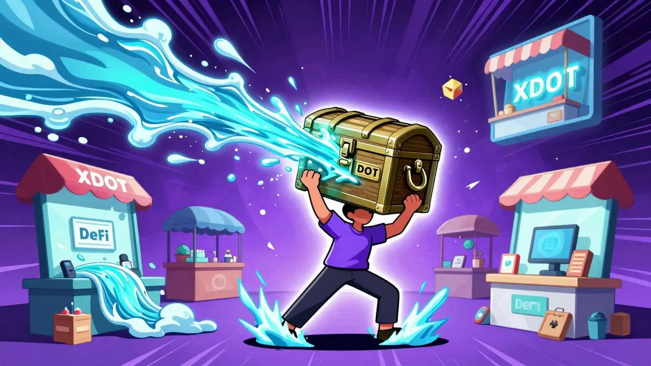 A character transforming locked coins into flowing liquid, illustrating xDOT liquidity mechanics.