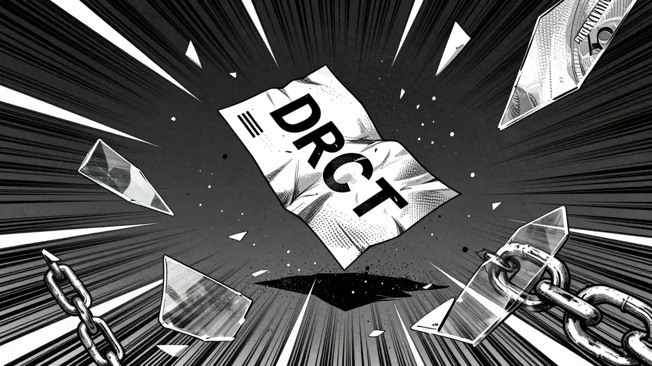 Abstract manga art showing worthless DRCT token floating in empty void