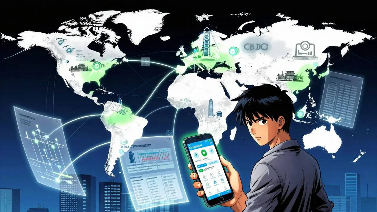 Anime character using smartphone for seamless global cross-border digital payments.