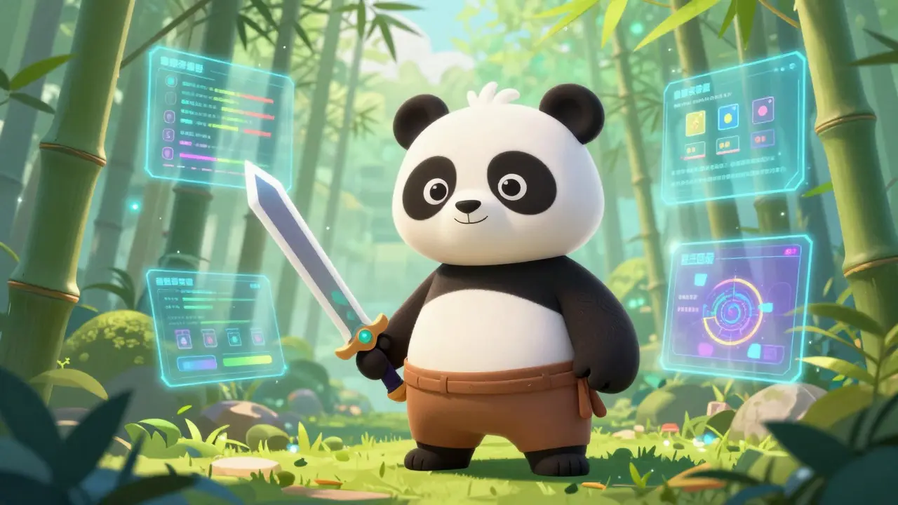 Anime panda warrior in a digital bamboo forest metaverse with NFT assets