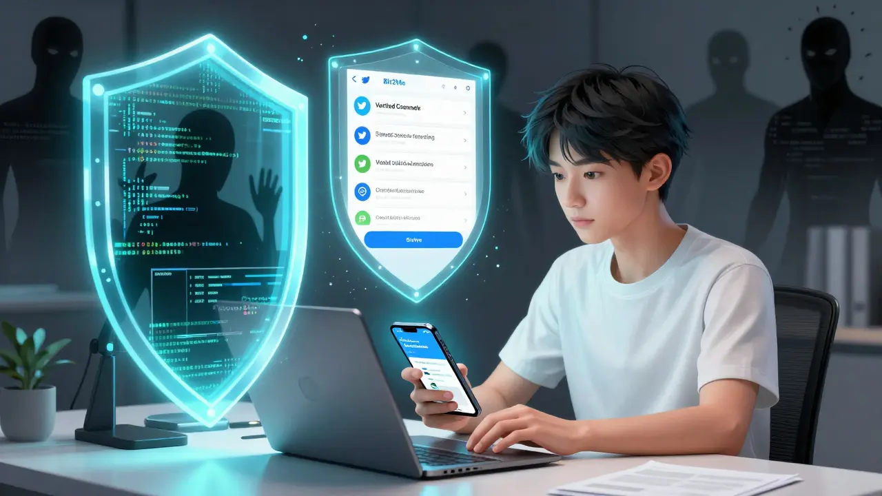 Anime user protected by security shields against crypto scams and phishing.