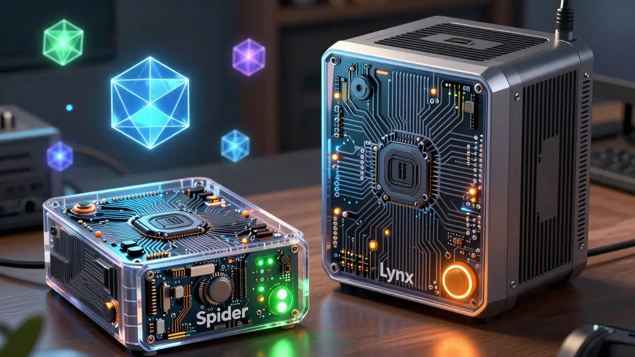 Close-up of Spider and Lynx hardware devices with glowing LEDs