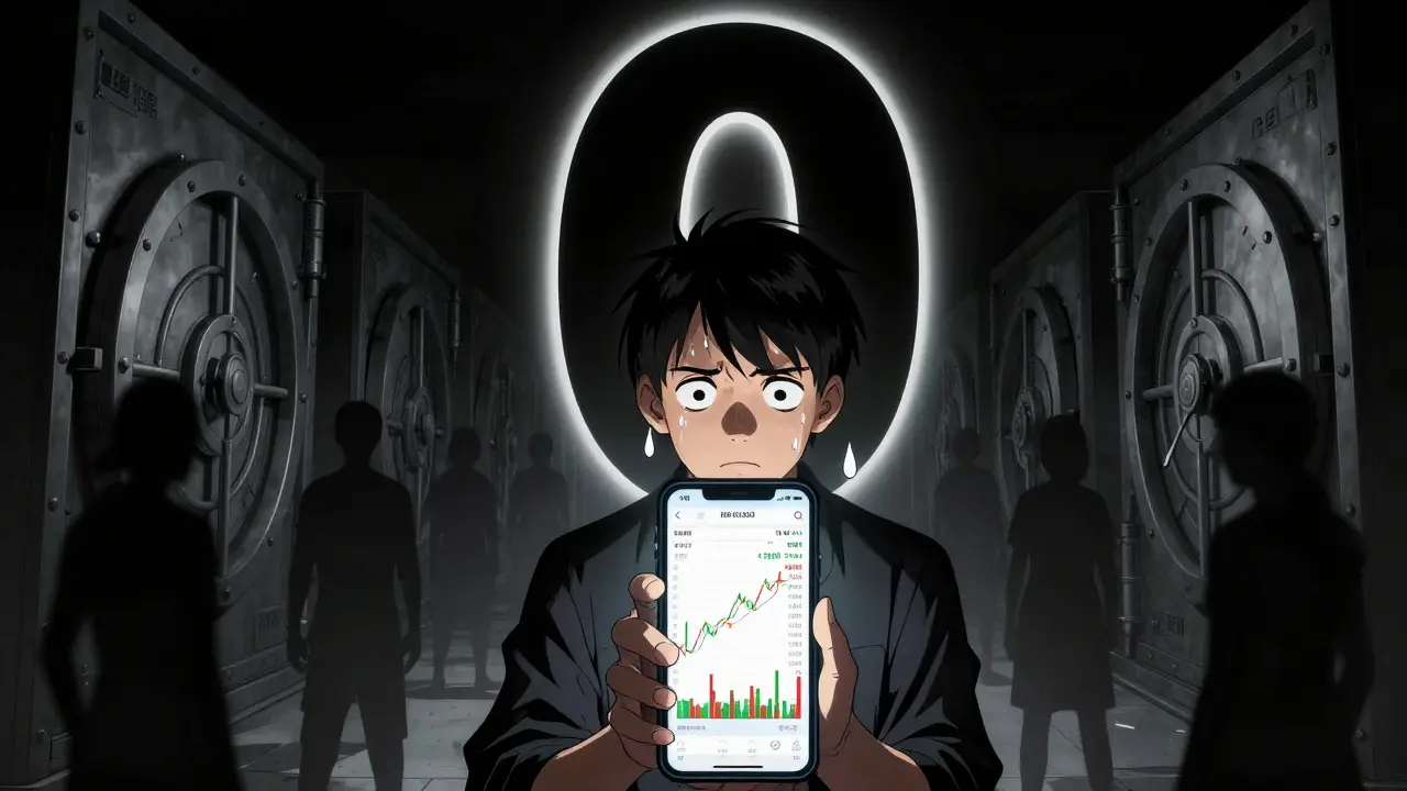 Confused trader looking at phone showing zero market cap for NT token in manga art.