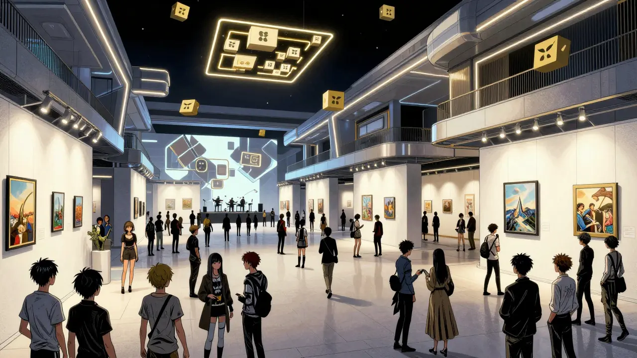 Crowd of manga characters at a virtual event in Decentraland