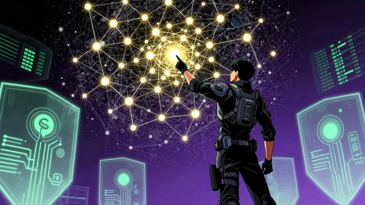 Cyber-analyst identifying key data nodes in a complex network visualization, manga style