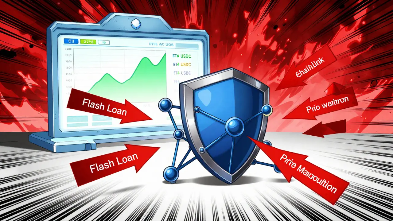 Decentralized oracle shield protecting DeFi lending from attacks