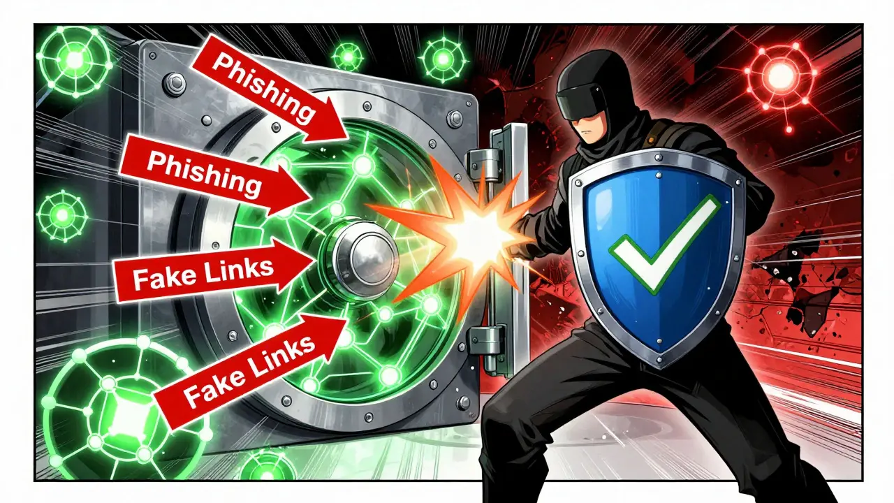 Digital warrior protecting a secure wallet from phishing attacks in manga style