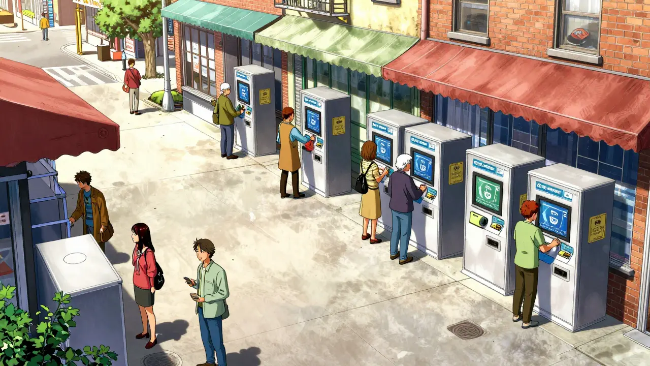 Diverse crowd using Bitcoin kiosks in a busy US city street