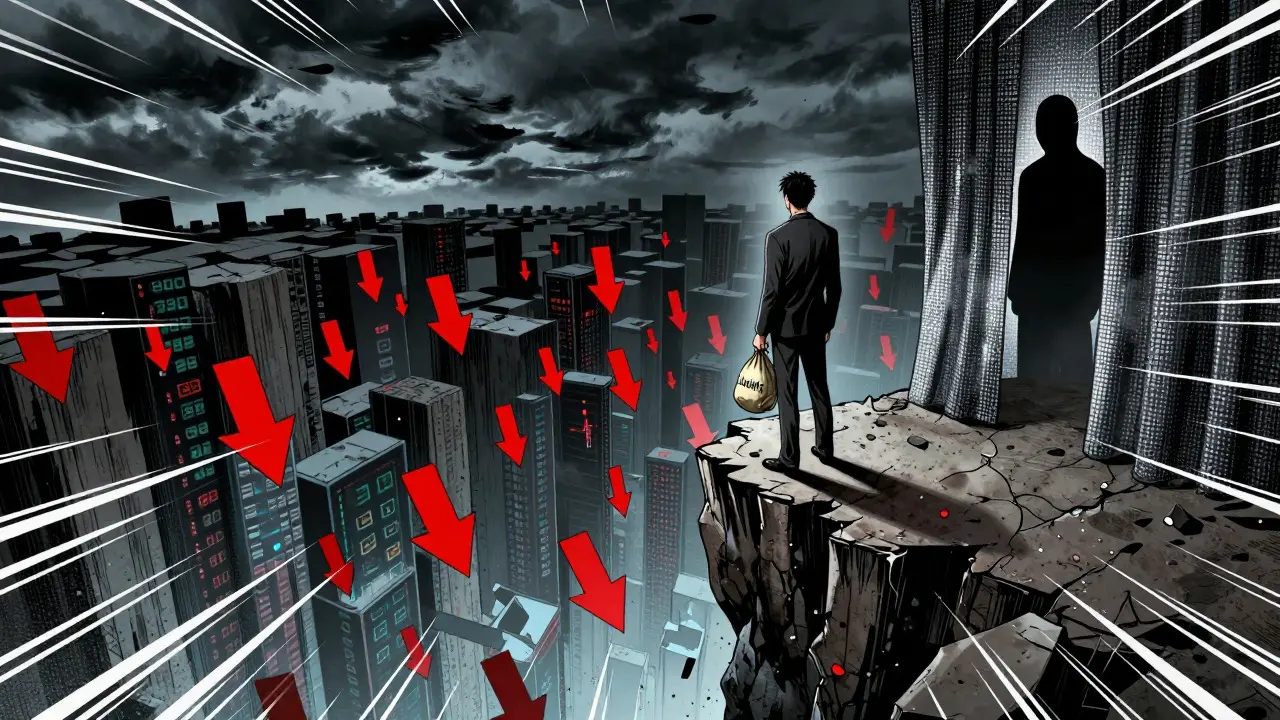 Dramatic manga scene of a trader facing high-risk volatility on a digital cliff