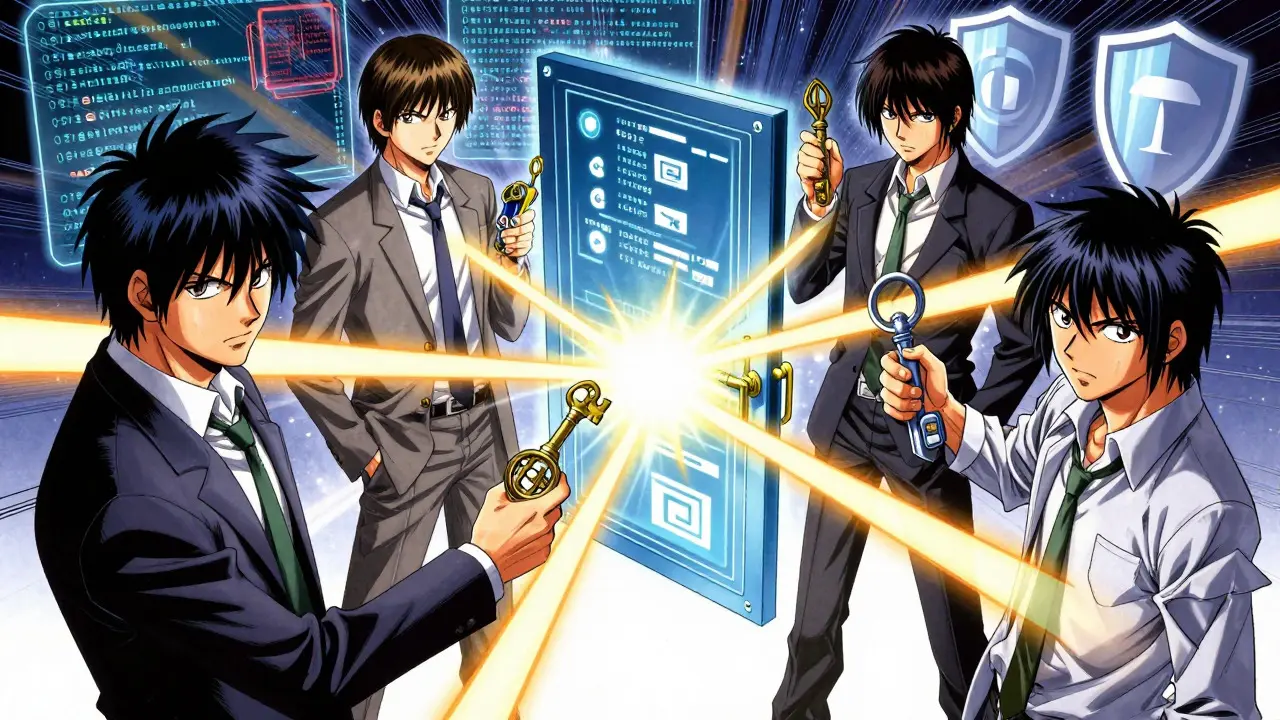 Five characters using keys to unlock a secure transaction in manga art