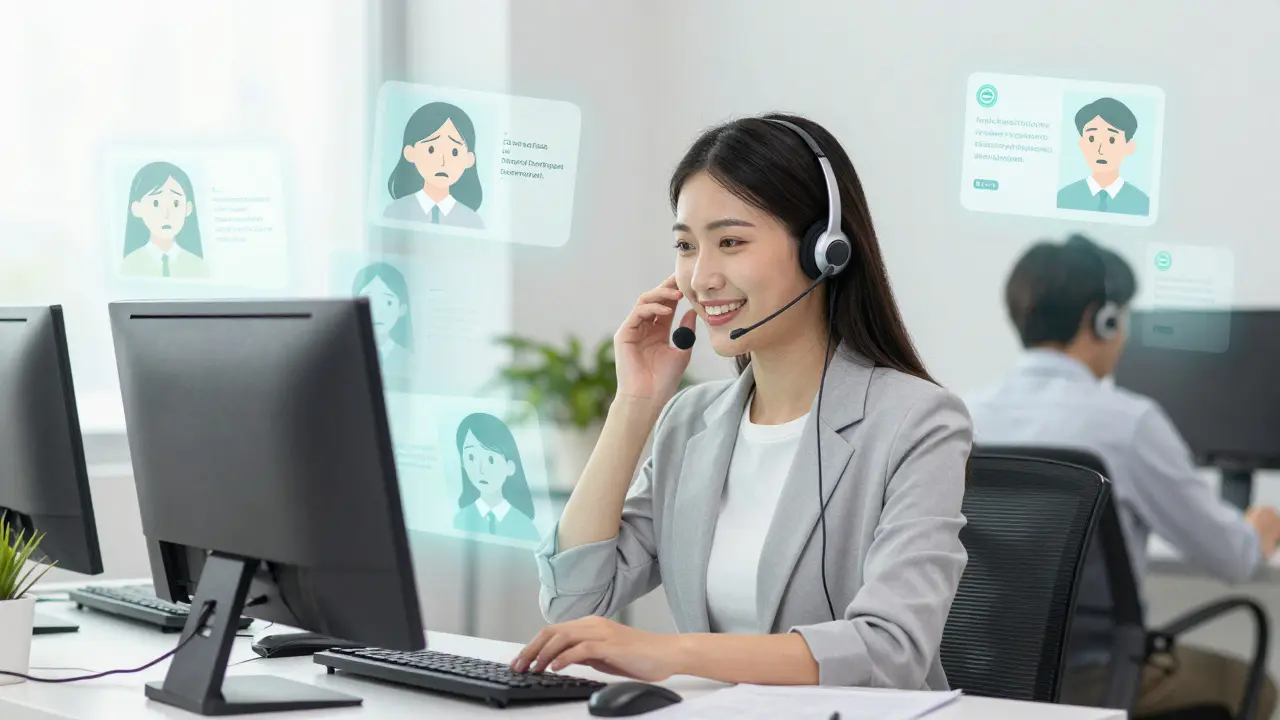 Friendly local support agent helping a customer via headset in a bright office