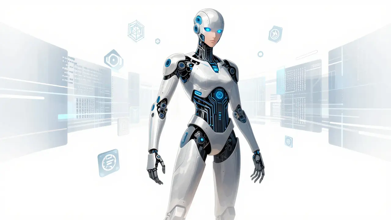 Futuristic AI agent standing in a digital data stream