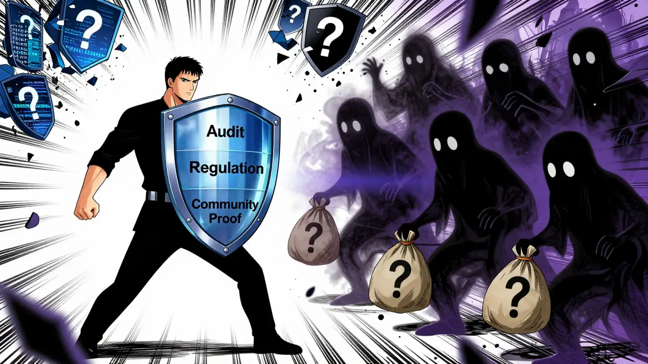 Heroic due diligence shield blocking shadowy scam ghosts in manga style