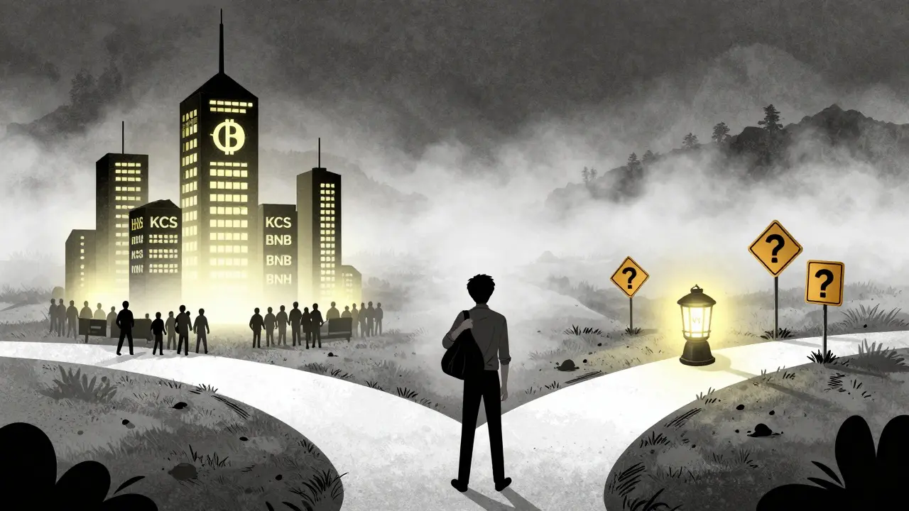 Investor choosing between major crypto tokens and risky NT asset in foggy landscape.
