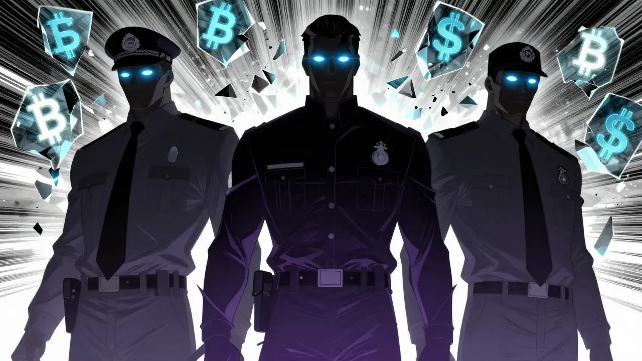 Looming government officials crushing digital coins in manga style