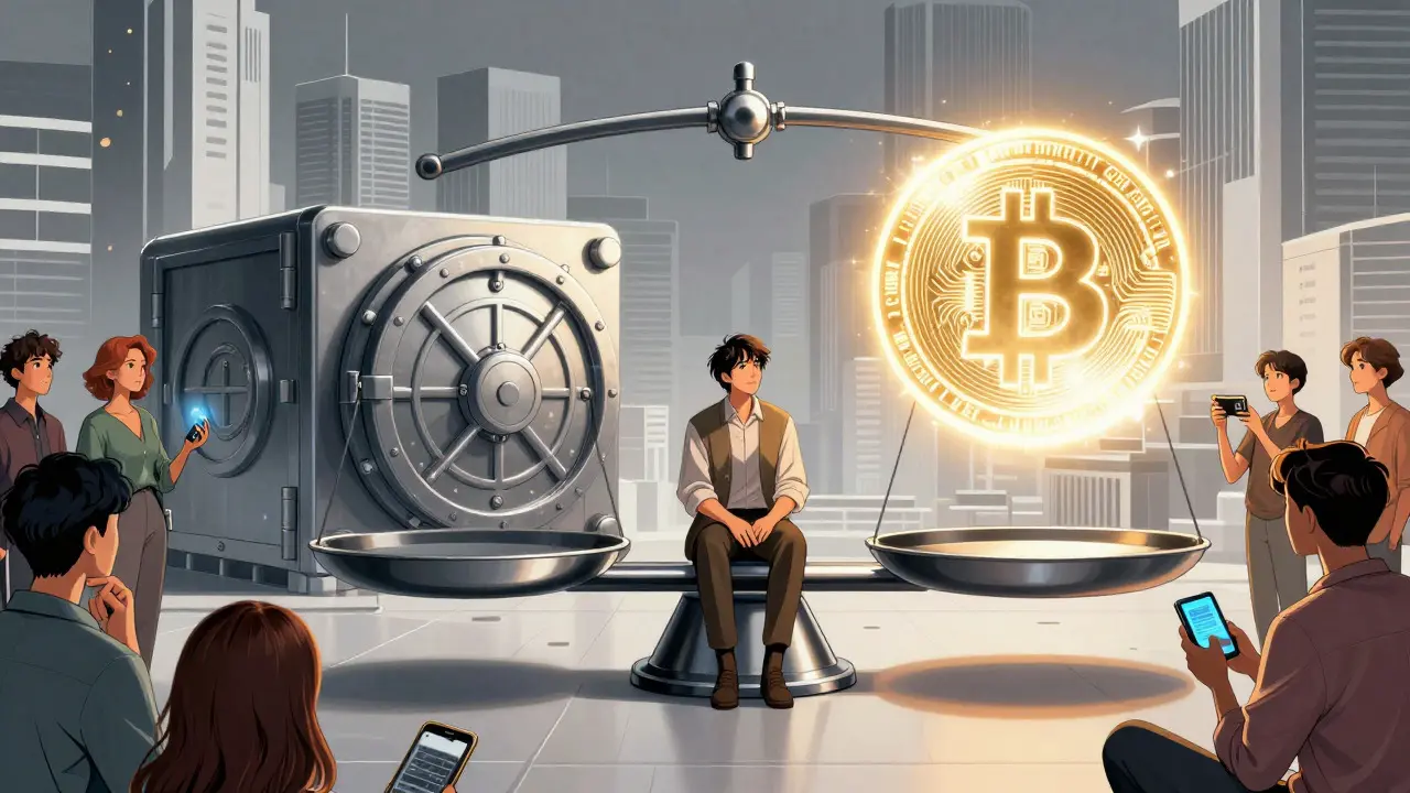 Manga art showing balance between regulated CBDC vault and free crypto orb.