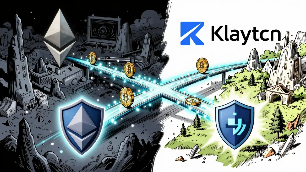 Manga art showing cross-chain bridge connecting Ethereum and Klaytn networks