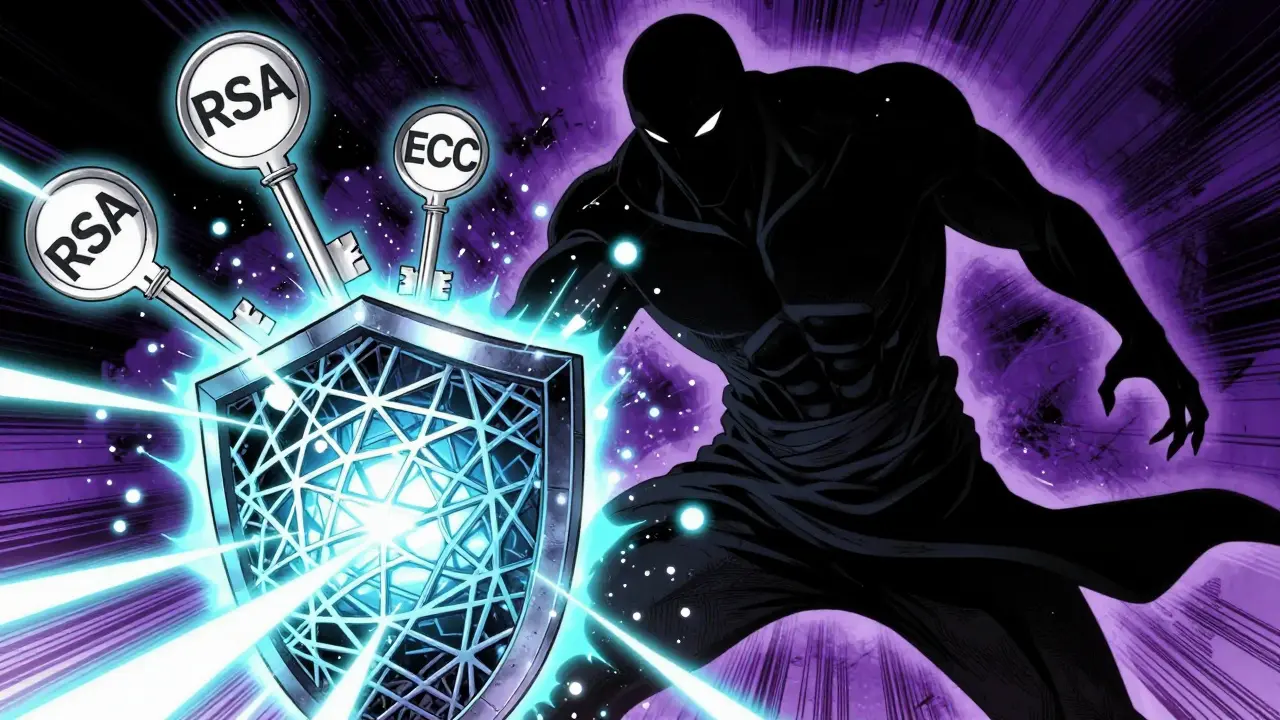 Manga art showing quantum threat cracking crypto keys, blocked by lattice shield
