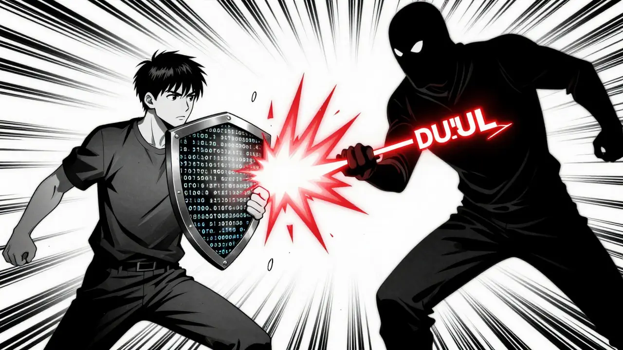 Manga character blocking scam attacks with a blockchain code shield
