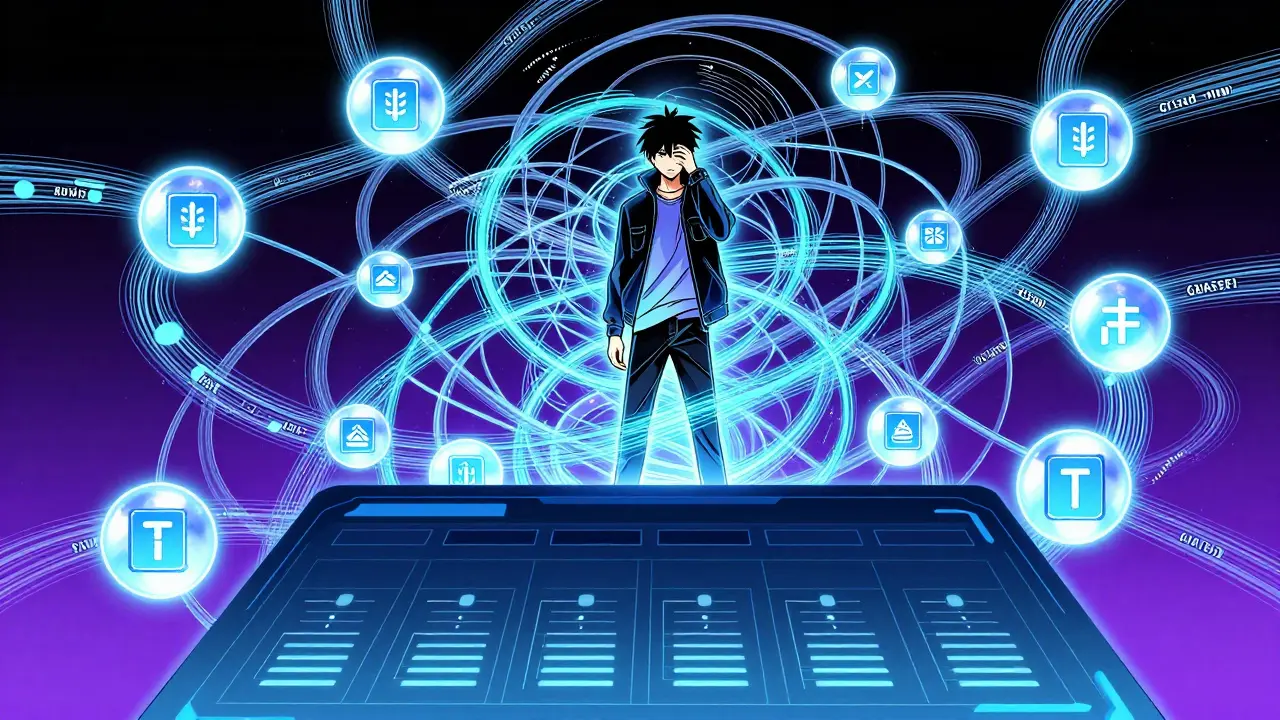 Manga character overwhelmed by complex DeFi and NFT tax web