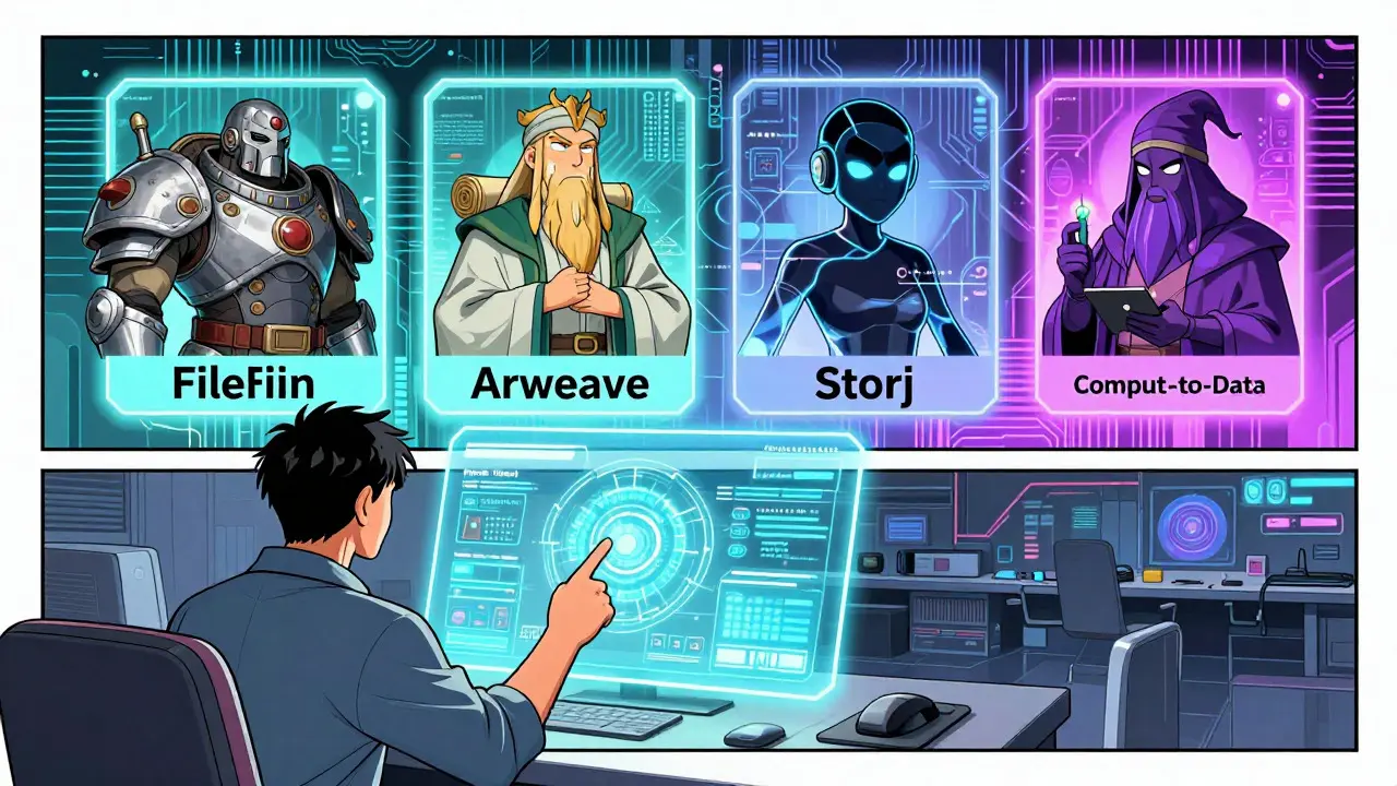 Manga engineer reviewing avatars of different blockchain storage protocols