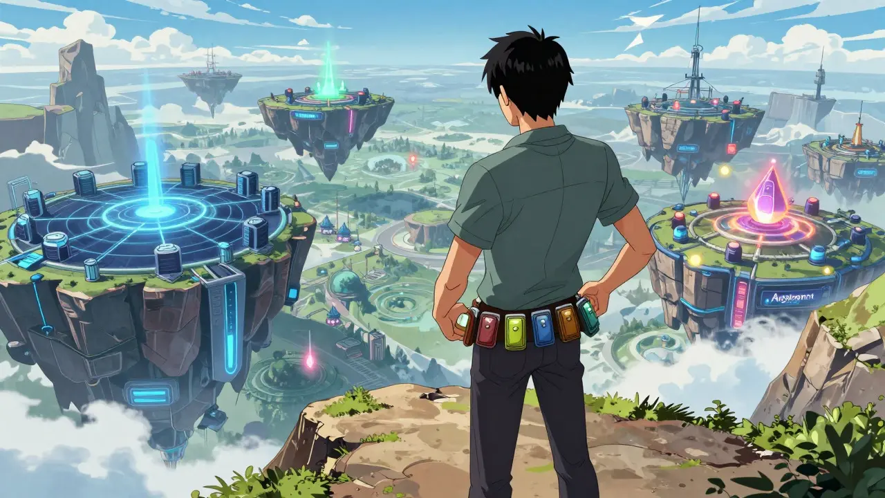 Manga hero preparing burner wallets overlooking digital blockchain islands