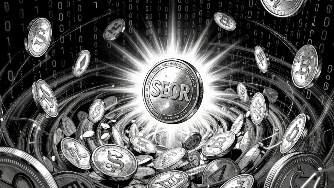 Manga illustration of a floating SEOR token amidst swirling code and supply