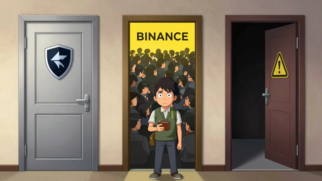 Manga scene of a user choosing between safe exchanges and a risky dark door