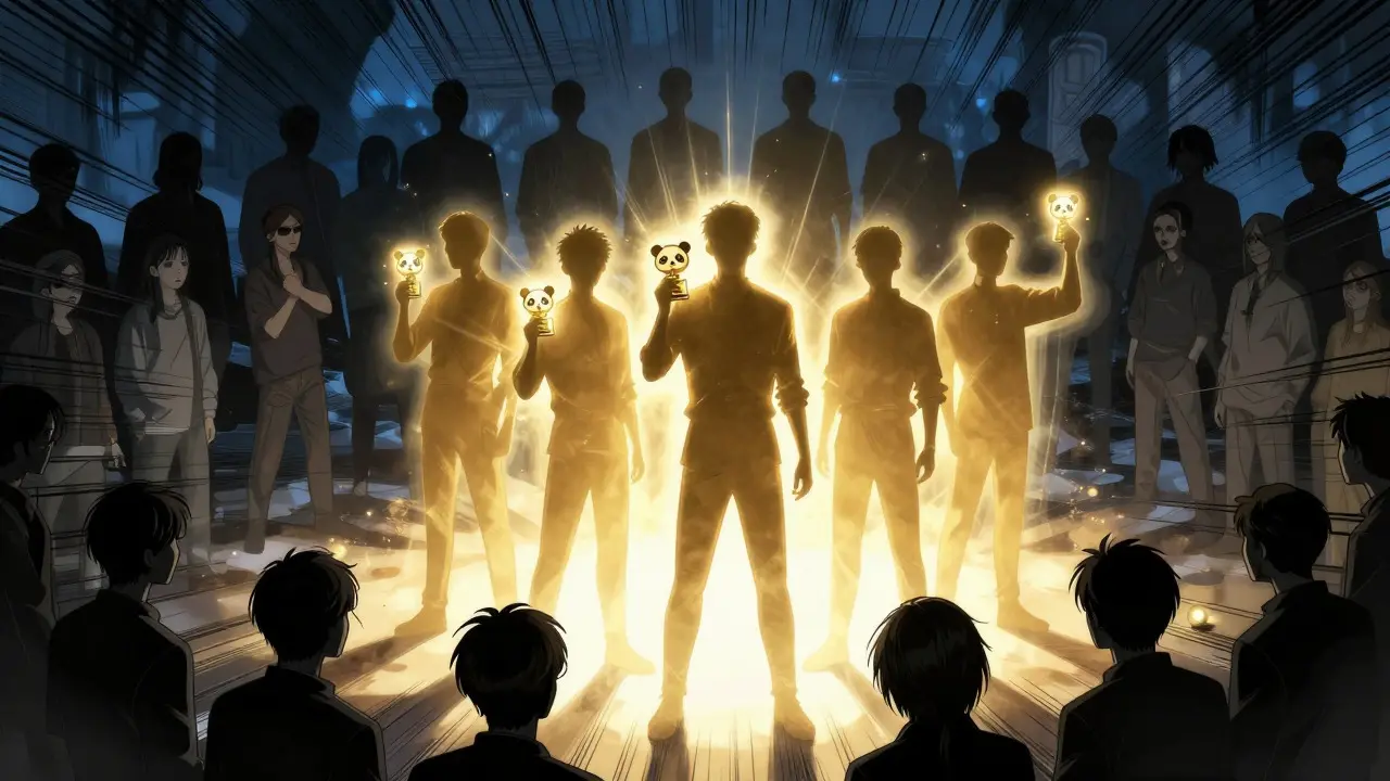 Manga scene showing lucky winners holding tokens while others watch in shadows