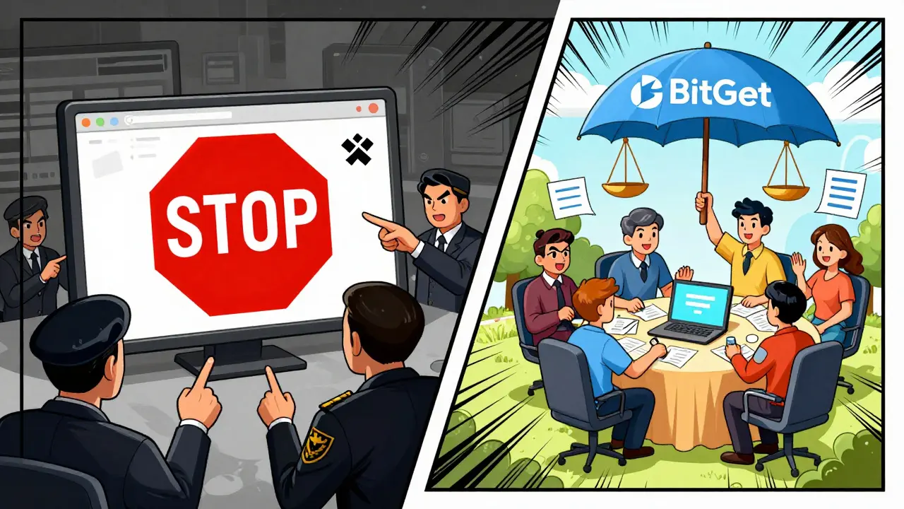 Manga style: Blocked illegal exchange vs thriving compliant platform.
