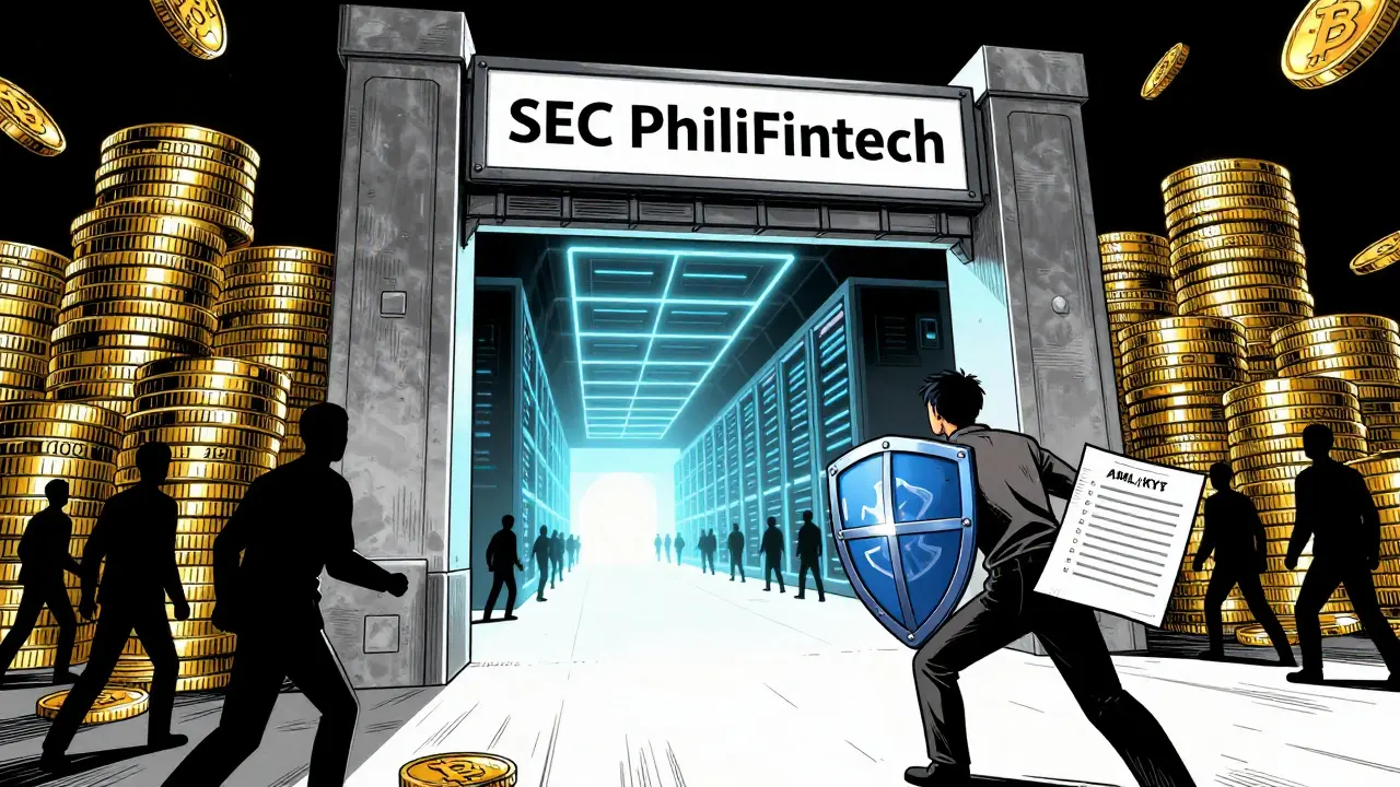 Manga style: Digital gate blocking unlicensed crypto firms from entering.