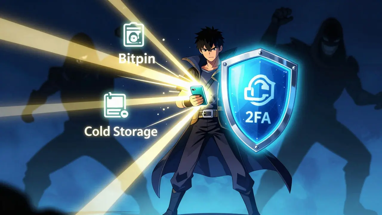 Manga style graphic showing a phone app shielding digital assets from hackers