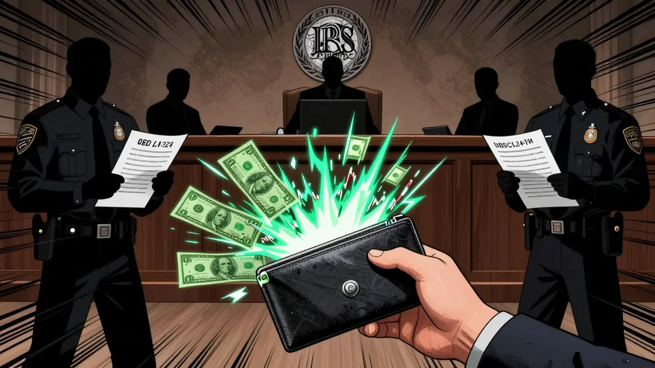 Manga style stressed person holding crypto wallet amidst conflicting legal figures