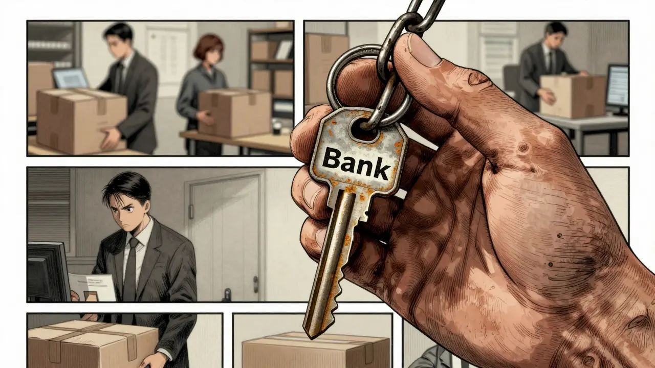Rusted bank key and departing tech workers in manga art style