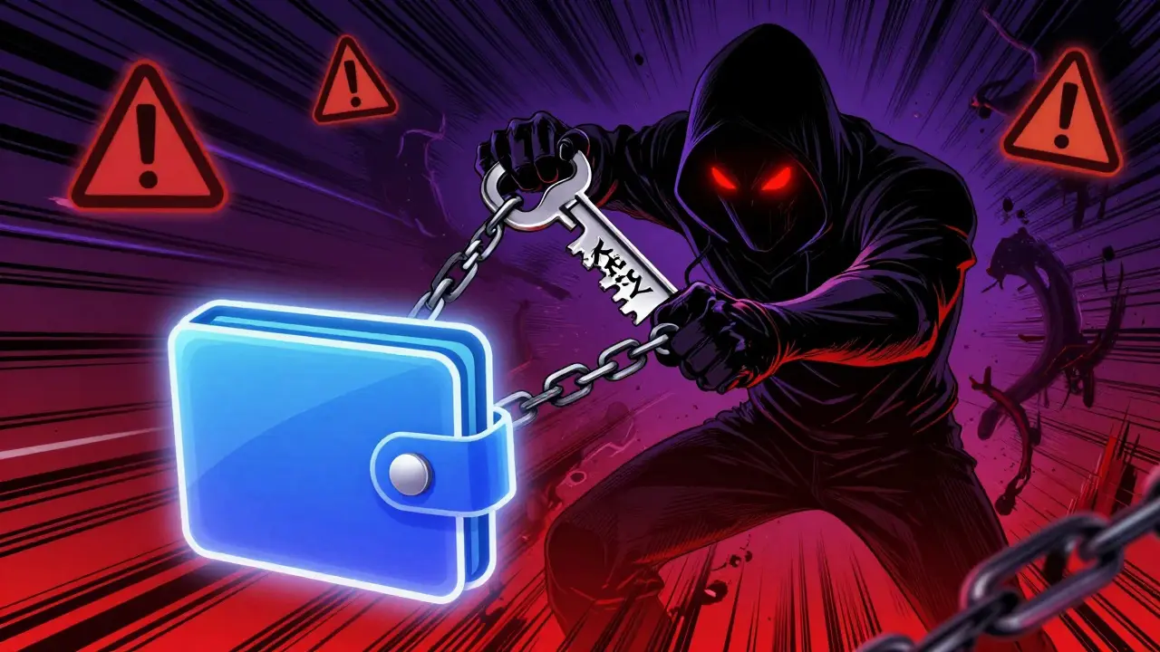 Sinister scammer trapping a digital wallet with a dangerous key